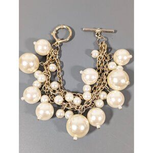 Retro Faux Pearl Charm Triple Chain ChaCha Bracelet Gold Tone Elegant‎ 7"